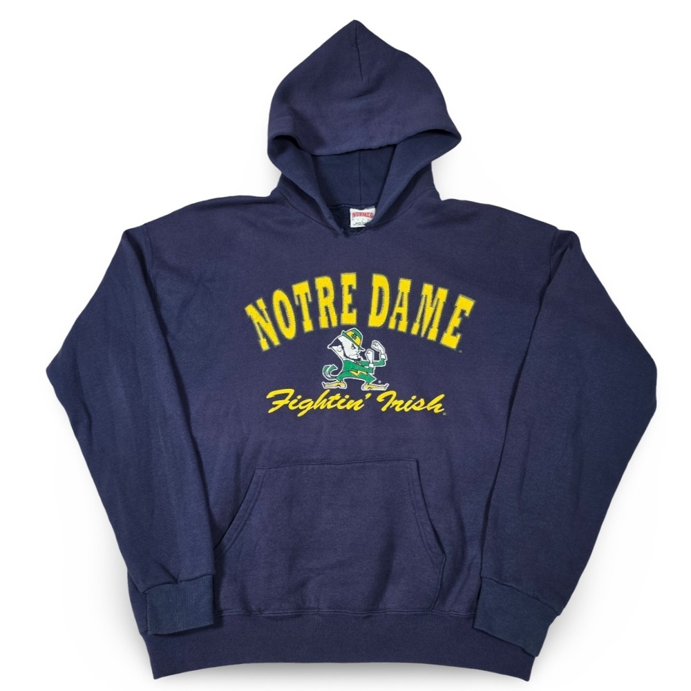 VTG 90s Nutmeg Mills Notre Dame Fighting Irish Hoodie Large Navy Blue Made USA‎